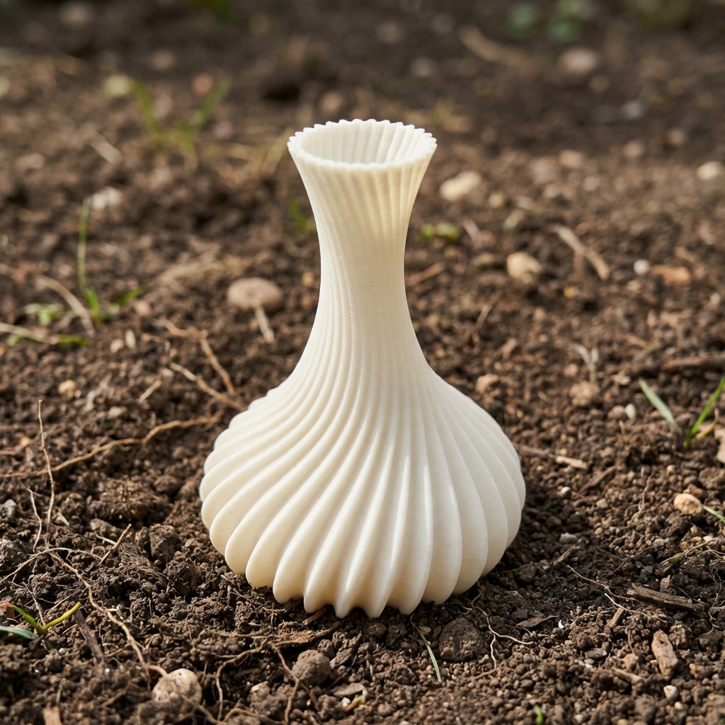 3D printed vase made from Flexamyl in soil