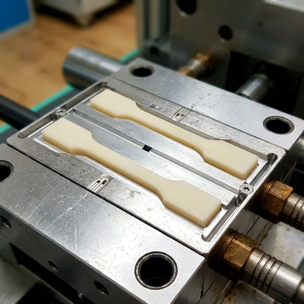 Flexamyl tensile specimens in an injection mold